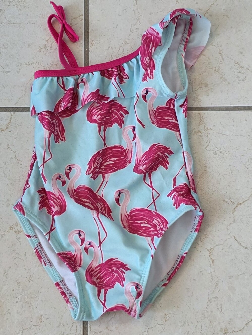 Girls One-Shoulder Flamingo Print Swim Suit - Pink on Light Blue